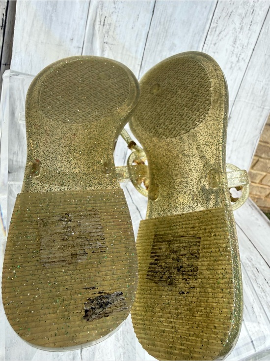 Tory Burch Gold Glitter Jelly Thong Sandals with Logo Medallion